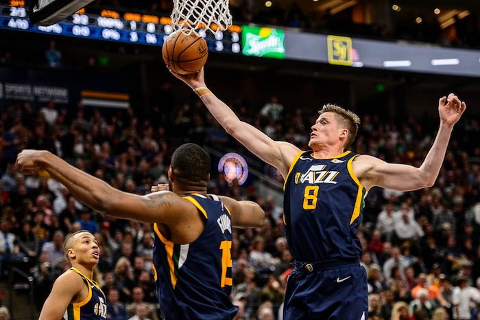 (Trent Nelson | The Salt Lake Tribune)  
Utah Jazz vs. Boston Celtics, NBA basketball in Salt Lake City, Wednesday March 28, 2018. Utah Jazz forward Jonas Jerebko (8) rebounds.