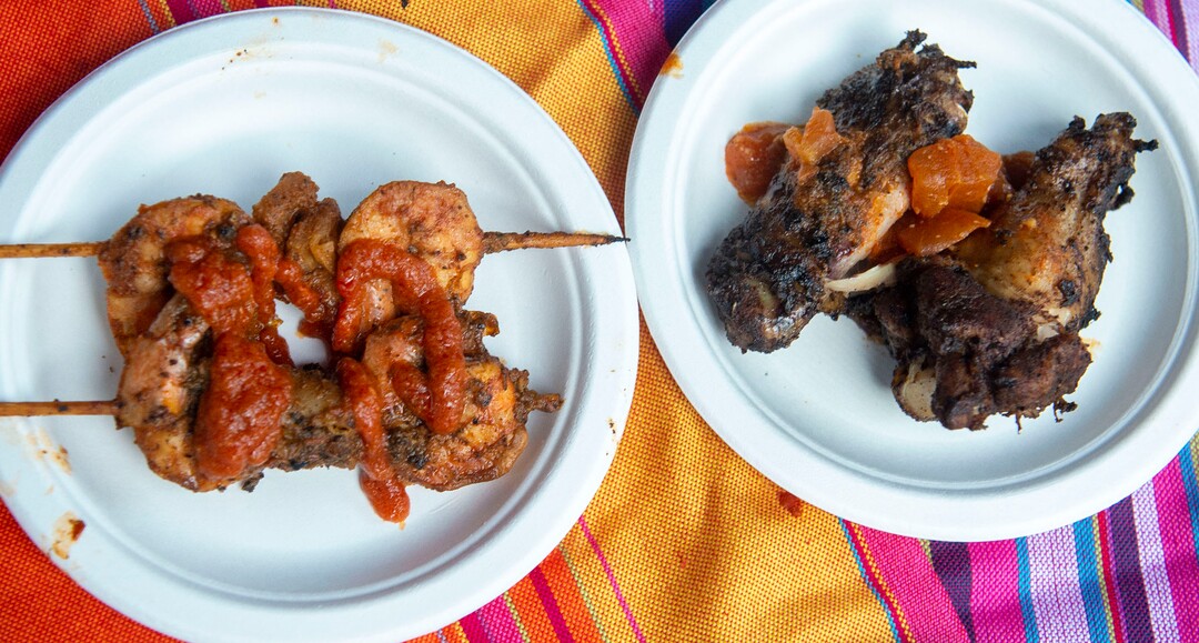 (Rick Egan  |  The Salt Lake Tribune)     African-Caribbean Fusion food for Kafê Mamai at the Gallivan Center, as Salt Lake City's Spice Kitchen Incubator program serves a variety of international cuisine at the welcome party for the United Nations Civil Society Conference, Sunday, Aug. 25, 2019.