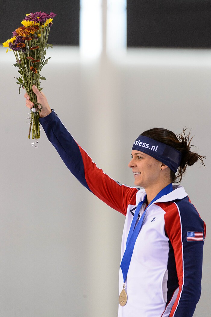 Trent Nelson  |  The Salt Lake Tribune
Brittany Bowe, after setting a world record in the ladies 1000m speed skating at the ISU World Cup, at the Utah Olympic Oval in Kearns, Sunday November 22, 2015.