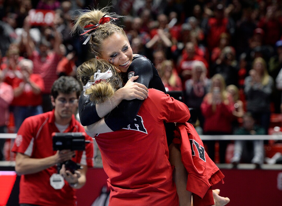 Scott Sommerdorf | The Salt Lake TribuneUtah's MyKayla Skinner and team mates react to her 10.00 score in the floor exercise. Utah outscored Stanford 197.500 to 196.275, Friday, March 3, 2017. 