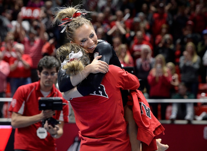Scott Sommerdorf | The Salt Lake Tribune
Utah's MyKayla Skinner and team mates react to her 10.00 score in the floor exercise. Utah outscored Stanford 197.500 to 196.275, Friday, March 3, 2017. 