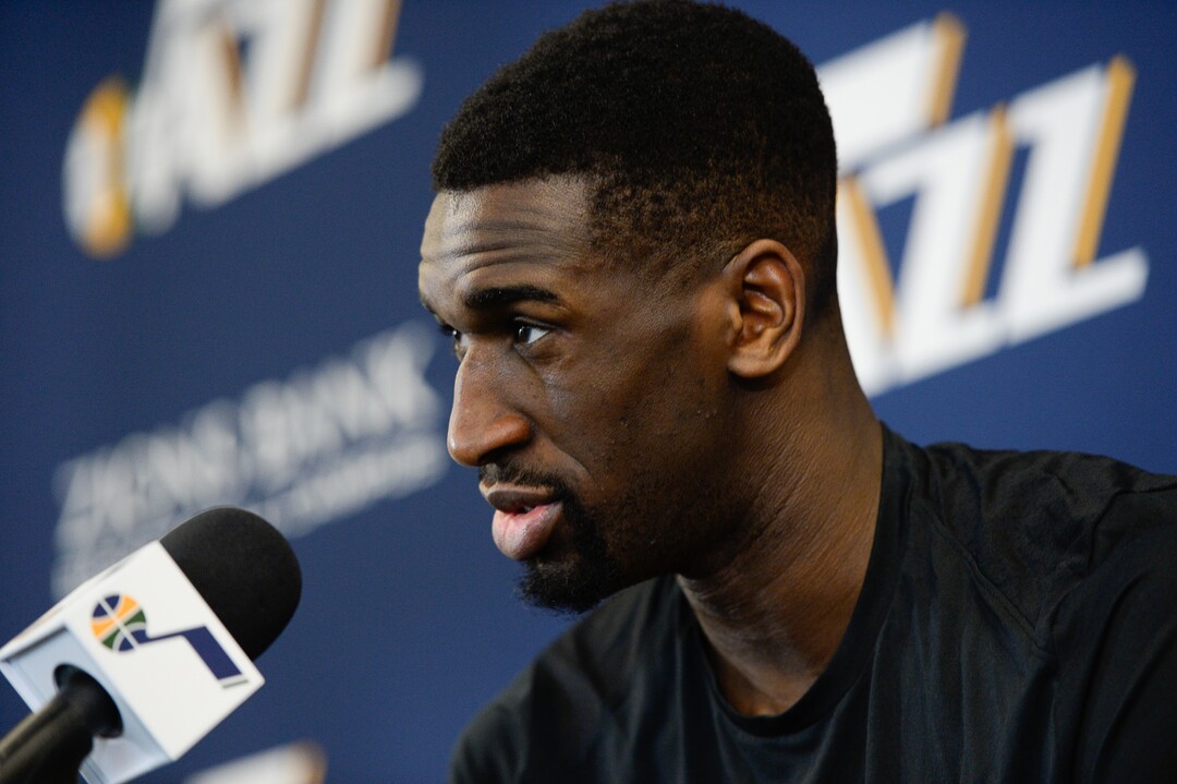 (Francisco Kjolseth  |  The Salt Lake Tribune)  Utah Jazz      center-forward Ekpe Udoh speaks with the media during exit interviews at their practice facility in Salt Lake City Wed., May 8, 2018, after losing to the Houston Rockets in game 5 of their Western Conference Semifinals during the 2018 NBA Playoffs.