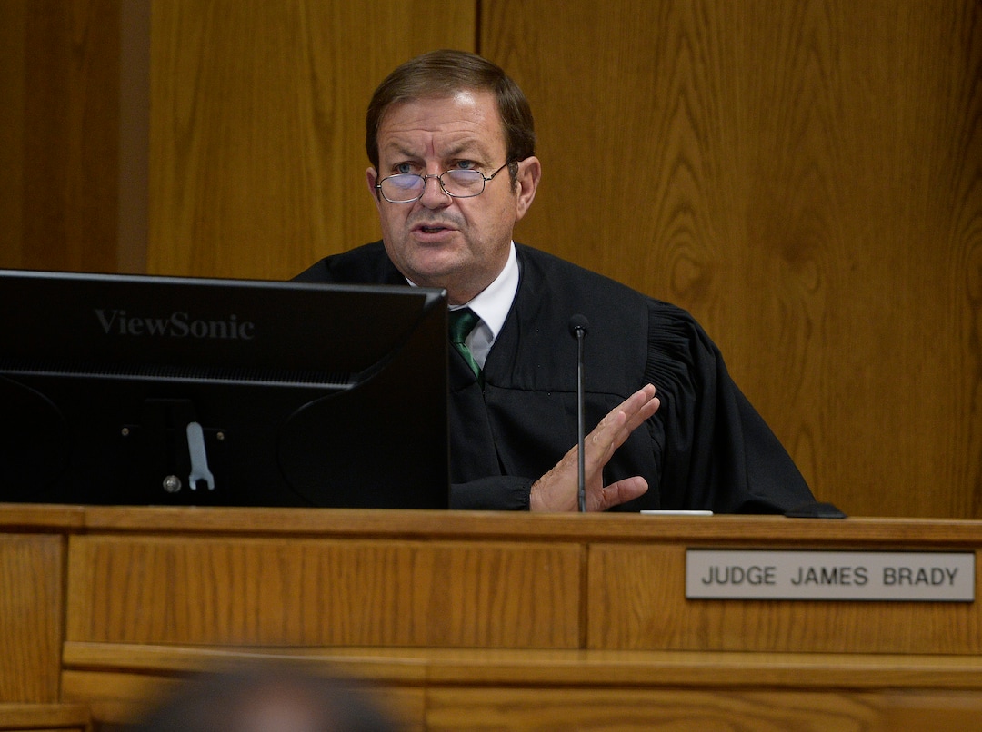 (Scott Sommerdorf   |  The Salt Lake Tribune)  Judge James Brady speaks with prosecution attorneys during the preliminary hearing for Defendant Tyerell Joe Przybycien, 18, of Spanish Fork, Wednesday, August 23, 2017. Przybycien is charged with first-degree felony murder for buying items used by a 16-year-old girl to hang herself on May 5 in Utah County. Przybycien also recorded the girl's death, according to charges.