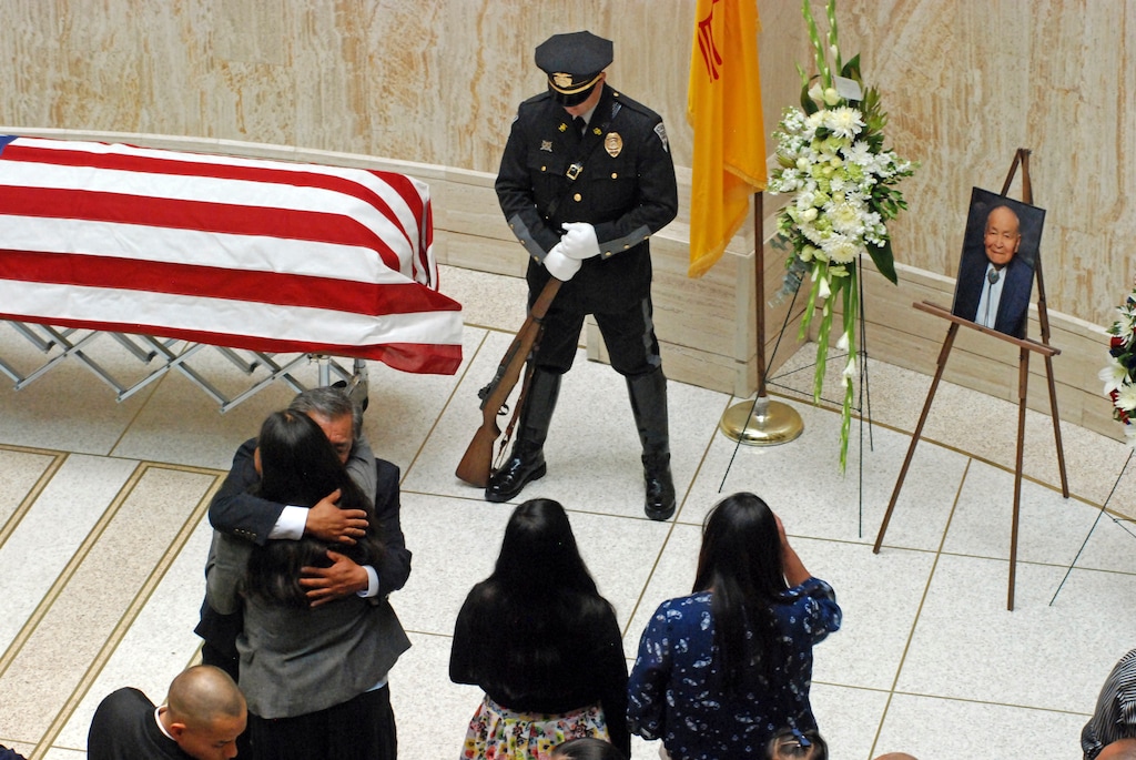 (Morgan Lee | AP) Mourners gathered to remember deceased state Sen. John Pinto at the state Capitol in Santa Fe, N.M., on Wednesday, May 29, 2019. Pinto died on Friday at age 94 after serving 42 years in the state Senate. He trained as a Navajo code talker to encrypt radio messages in World War II and helped authorize spending this year for a museum about the code talkers.