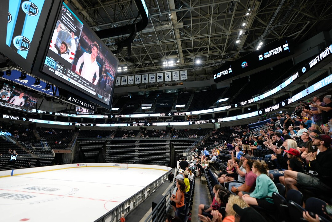 (Francisco Kjolseth  |  The Salt Lake Tribune) Hockey fans cheer on the No. 6 pick in the NHL Draft pick of center Tij Iginla as the Utah Hockey Club hosts their first NHL draft party at the Delta Center on Friday, June 28, 2024.