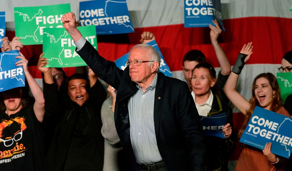 Steve Griffin  |  The Salt Lake TribuneBernie Sanders pumps his fist as he tacks the stage for the "Come Together and Fight Back" tour at the Rail Center in Salt Lake City Friday April 21, 2017.