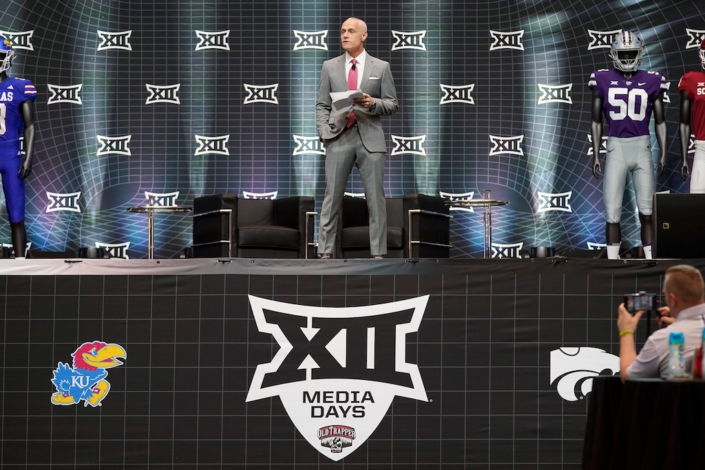 (LM Otero | AP) Big 12 Commissioner Brett Yormark speaks at the opening of the NCAA college football Big 12 media days in Arlington, Texas, Wednesday, July 12, 2023.