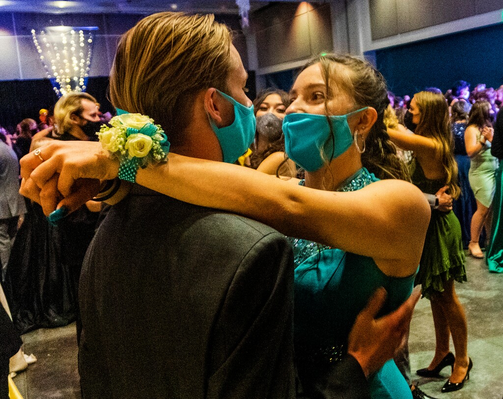 (Rick Egan | The Salt Lake Tribune)Chance Carey and Ashlynn Panek enjoy a slow dance with matching masks, at the Cyprus High school Prom, at the Viridian Event Center, on Saturday, April 24, 2021.