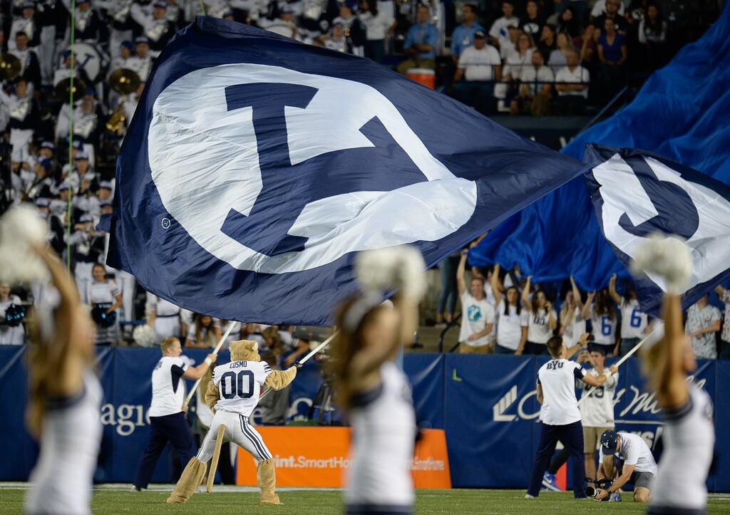 (Francisco Kjolseth | The Salt Lake Tribune) Cosmo gets the fans excited during the second half of the NCAA college football game, Saturday, Sept. 8, 2018, at LaVell Edwards stadium in Provo, Utah.