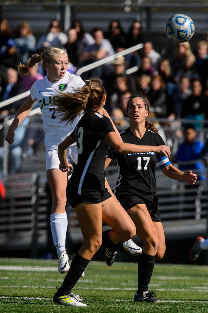 (Trent Nelson | The Salt Lake Tribune)  Syracuse's Ashlyn Hall (7) heads the ball during the Class 6A girls' soccer state semifinal between Bingham and Syracuse in Draper, Tuesday October 17, 2017.