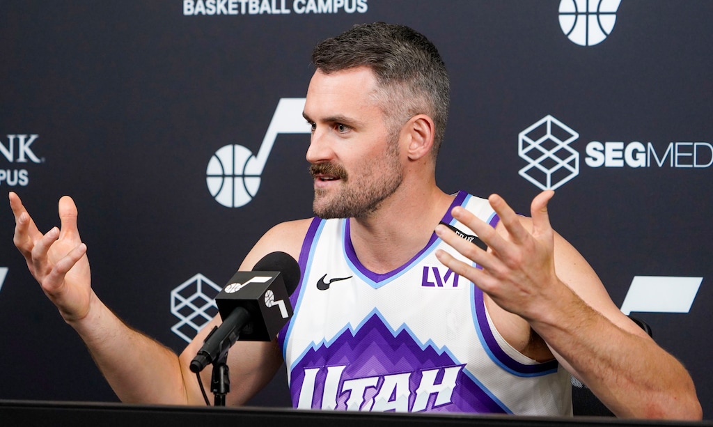 (Chris Samuels | The Salt Lake Tribune) Forward Kevin Love speaks to reporters during Utah Jazz media day in Salt Lake City, Monday, Sept. 29, 2025.