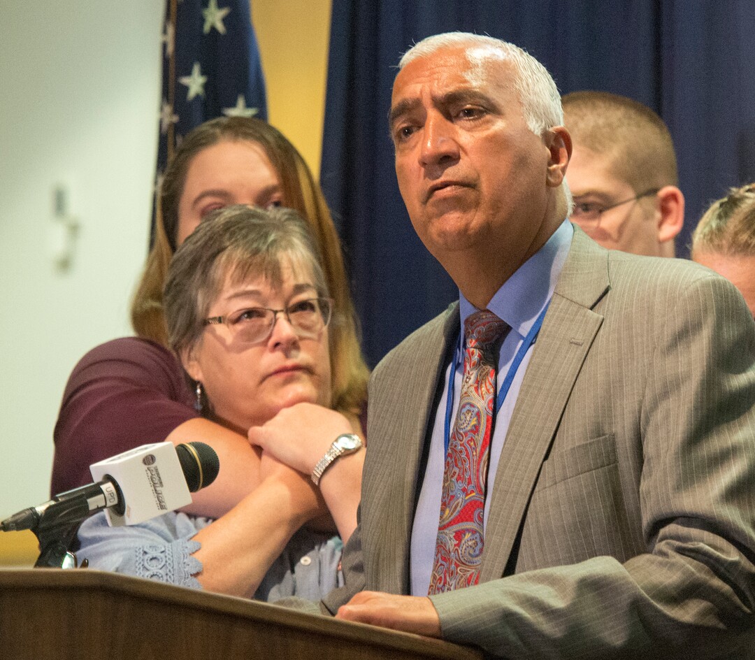 (Rick Egan  |  The Salt Lake Tribune) Salt Lake County District Attorney Sim Gill, speaks at a news conference about the beating death of Valerie Sue Brantzeg, surrounded by her family, at the Salt Lake County Sheriff's office, Friday, Sept. 7, 2018.