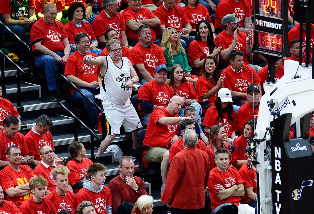 (Scott Sommerdorf | The Salt Lake Tribune)Jazz fans have fun during a time out. The Houston Rockets led the Utah Jazz 70-40 at the half of game 3, Friday, May 4, 2018.