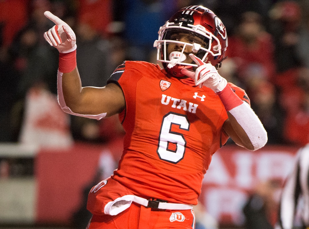 (Rick Egan  |  The Salt Lake Tribune)        Utah Utes running back Armand Shyne (6) celebrates after scoring a touchdown late in the 4th quarter, tying the score at 27-27, in football action between the Brigham Young Cougars and the Utah Utes, at Rice-Eccles Stadium, Saturday, November 24, 2018.