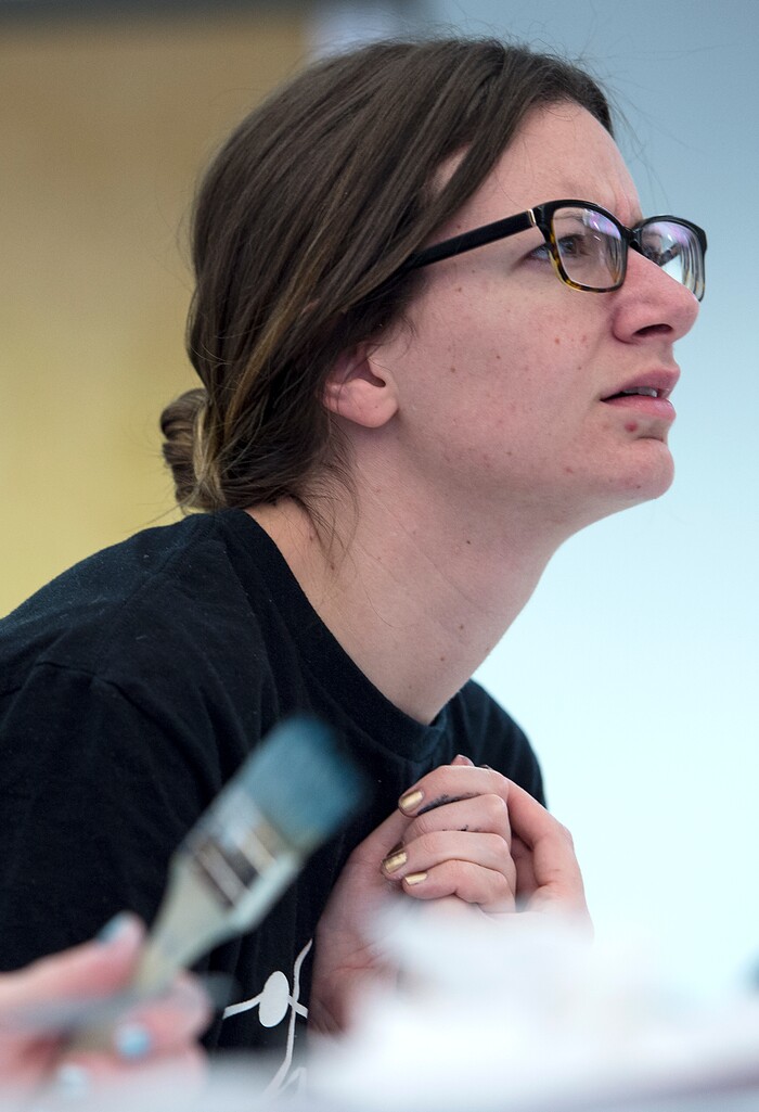 (Leah Hogsten  |  The Salt Lake Tribune)  Laura Thomas tries to follow a classic episode of Bob Ross' "The Joy of Painting" during the Bob Ross Paint-Along class, Saturday, Jan. 6, 2018, at the Salt Lake City Public Library's Sweet Branch in the Avenues.