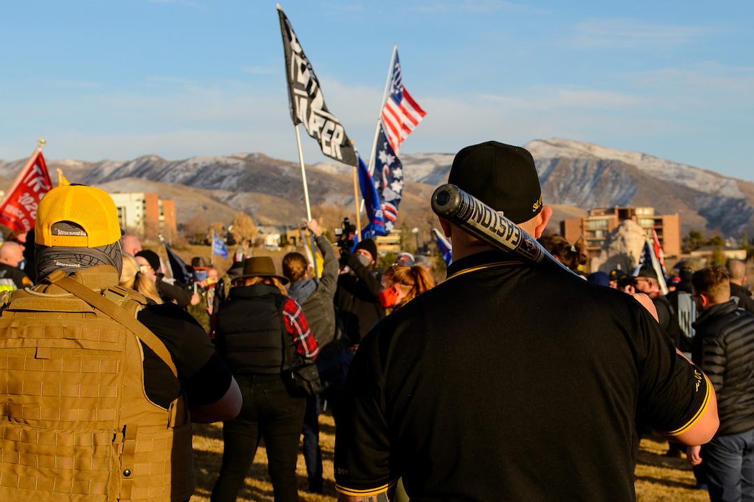 (Trent Nelson  |  The Salt Lake Tribune) Proud Boys look on as a small group with a Black Lives Matter flag are surrounded, as Trump supporters gathered at the State Capitol in Salt Lake City on Wednesday, Jan. 6, 2021.