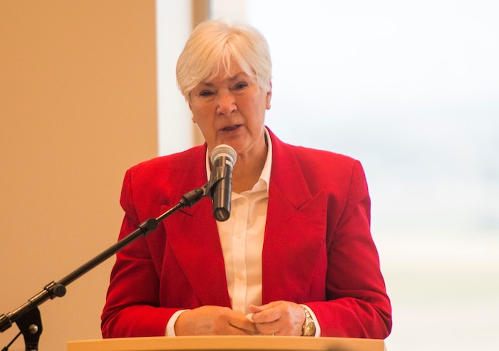 Rick Egan  |  The Salt Lake Tribune

Gail Miller speaks at the ribbon-cutting ceremony for Sunrise Hall, a newly constructed worship center at Camp Williams. Friday, August 7, 2015.
