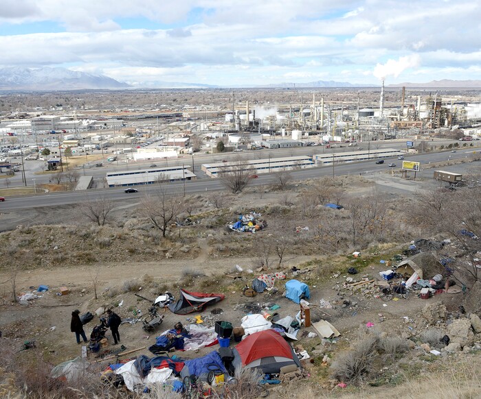 (Al Hartmann  |  The Salt Lake Tribune) 	
One of several homeless camps perched on the mountainside above Victory Road north of the state Capitol building. Disposal of garbage is an ongoing problem in the area.
