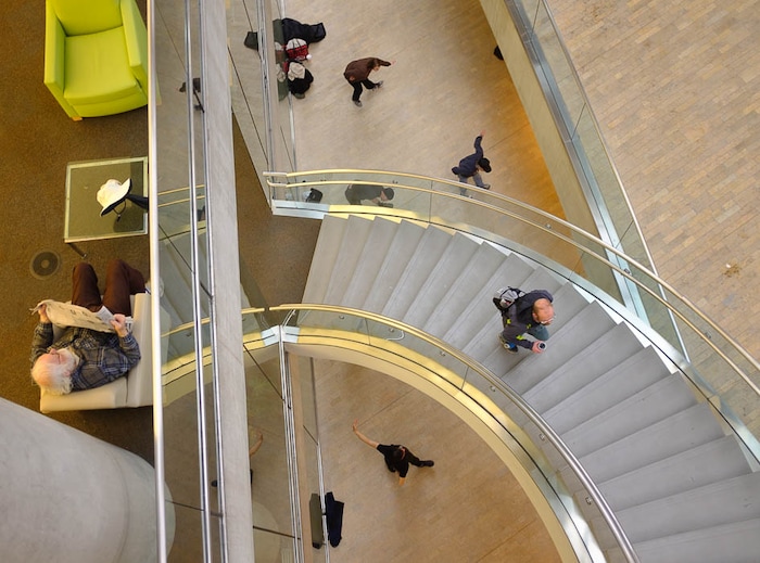 (Trent Nelson | The Salt Lake Tribune)  
A group of homeless people practice tai chi at the Main Library in Salt Lake City on Wednesday April 3, 2019.