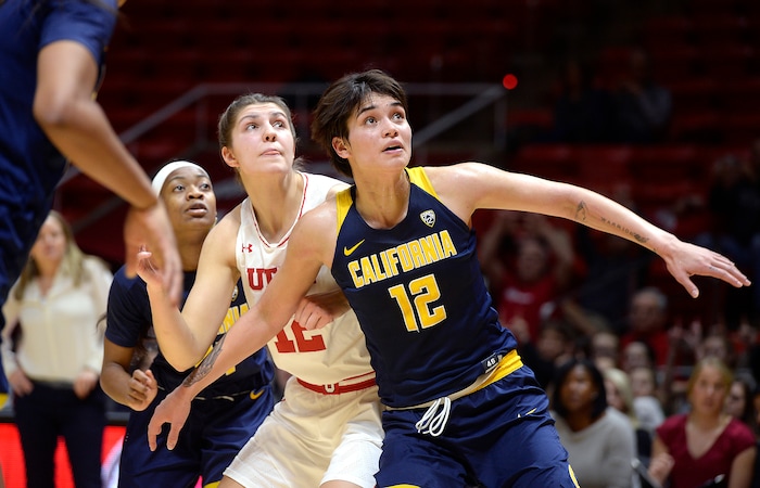 Scott Sommerdorf   |  The Salt Lake Tribune  
Utah Utes forward Emily Potter (12) and California Golden Bears forward Penina Davidson (12) jostle for position on a rebound during second half play. Utah beat Cal 63-57, Sunday, January 15, 2017. 
