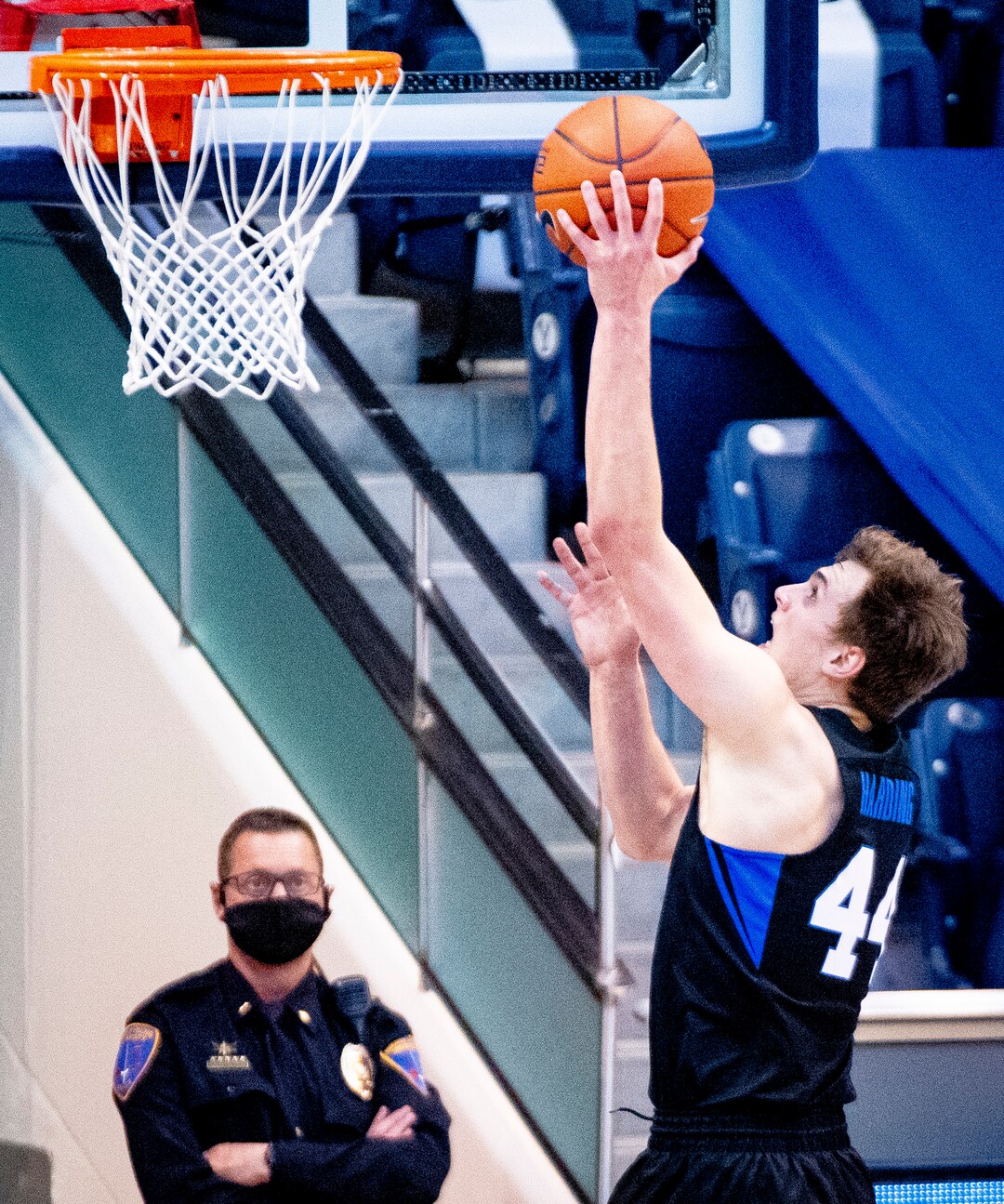 (Isaac Hale | Special to The Tribune) Brigham Young University guard Connor Harding (44) lays the ball up during a game between the BYU Cougars and the Saint Mary’s College of California Gaels held at the Marriott Center in Provo on Saturday, Feb. 27, 2021.