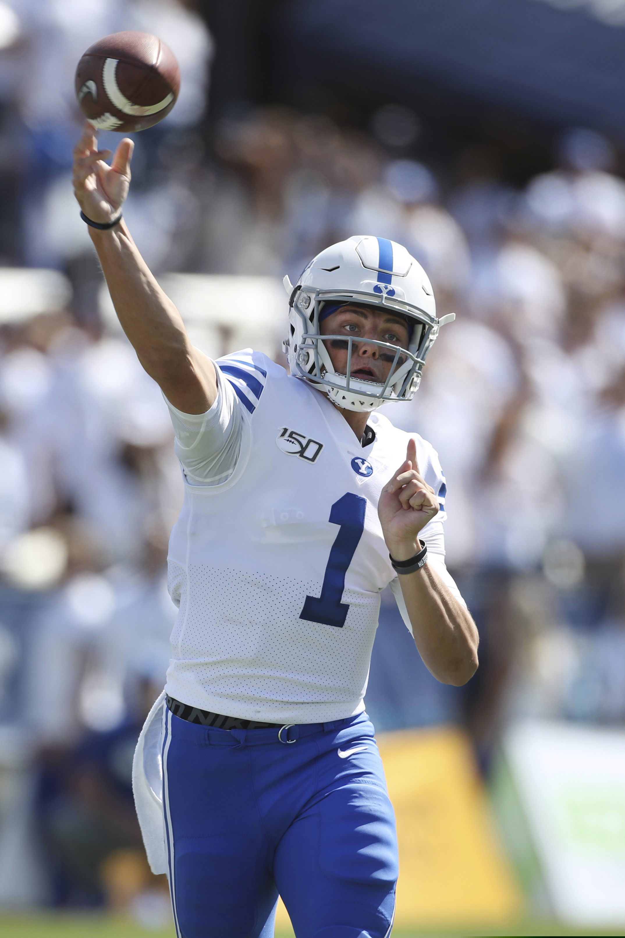 BYU quarterback Zach Wilson (1) throws the ball during the first half of an NCAA college football game against Washington, Saturday, Sept. 21, 2019, in Provo, Utah. (AP Photo/George Frey)