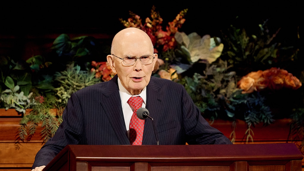 (The Church of Jesus Christ of Latter-day Saints) President Dallin H. Oaks speaks during the Sunday morning session of General Conference at the Conference Center in Salt Lake City, Oct. 4, 2026.