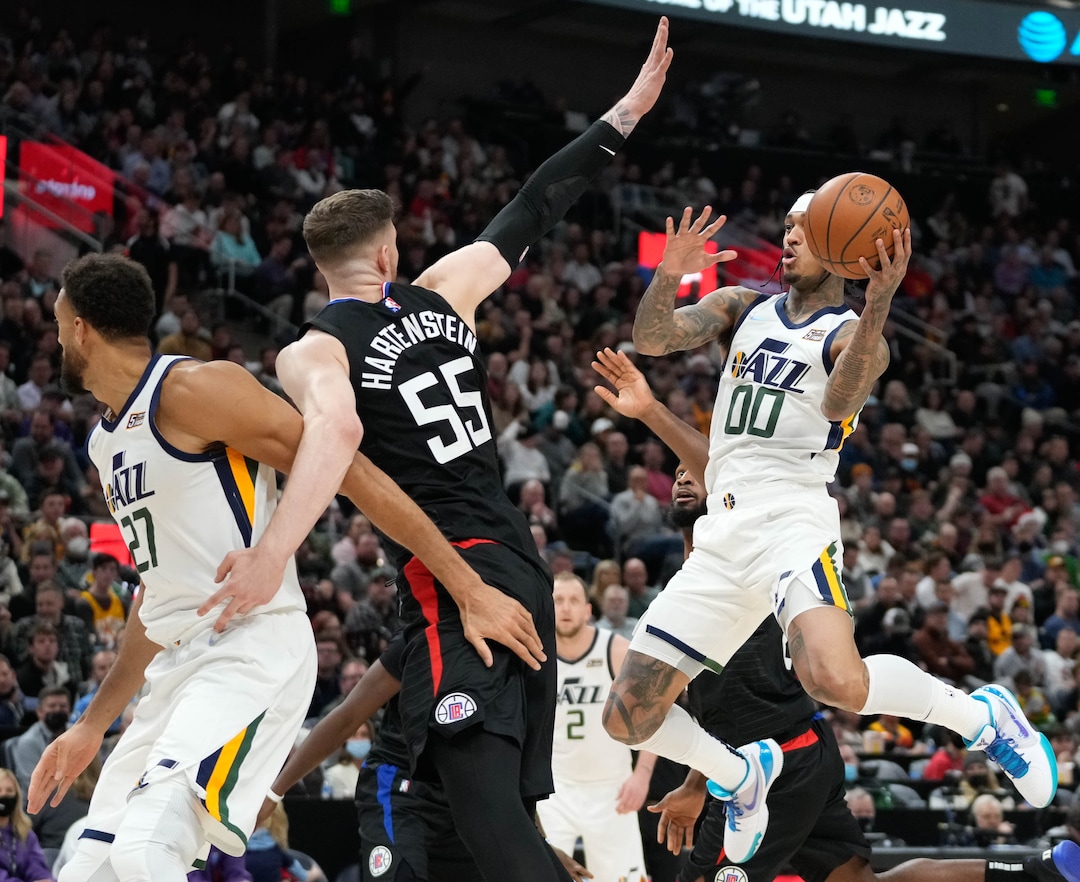 (Francisco Kjolseth | The Salt Lake Tribune) Utah Jazz guard Jordan Clarkson (00) looks for an opening in NBA action between the Utah Jazz and the LA Clippers at Vivint Smart Home Arena in Salt Lake City, Wednesday, Dec. 15, 2021.