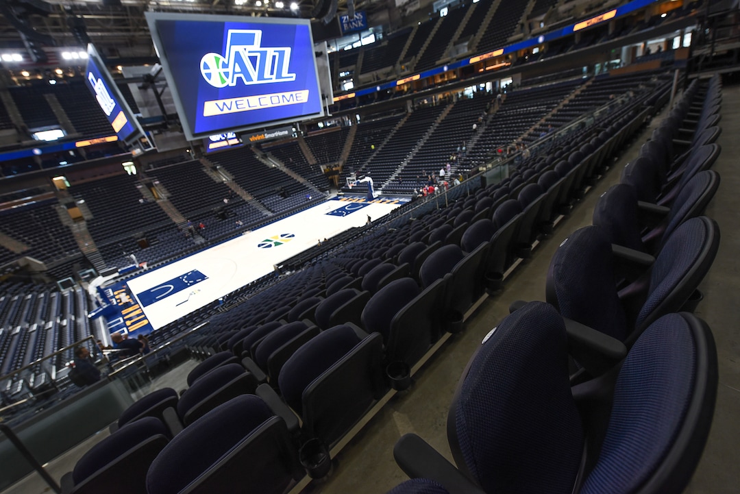 (Francisco Kjolseth  |  The Salt Lake Tribune)  The Jazz unveil renovations for the arena, starting with the J-Note statue and then offering self-guided tours of the venue on Tuesday, Sept. 26, 2017. The arena features new seats, new concourse areas, new anchor restaurants and open spaces for more social experiences at Jazz games and events.