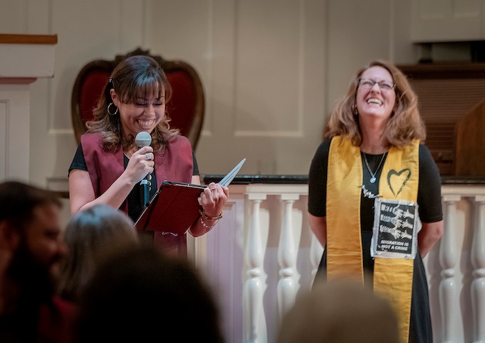 (Michael Mangum  |  Special to the Tribune)

In light spirit, Vicky Chavez speaks to the congregation during a vigil held at First Unitarian Church in Salt Lake City, UT on Wednesday, January 30th, 2019. The vigil marked the one-year anniversary of when Chavez came to the church with her children seeking sanctuary from deportation.