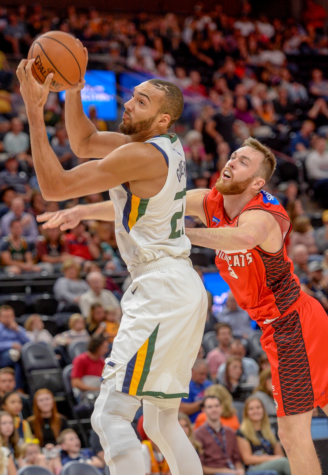 Leah Hogsten  |  The Salt Lake Tribune   Utah Jazz center Rudy Gobert (27)shoots past Perth Wildcats forward Nick Kay (3) as the Utah Jazz host the Perth Wildcats, Sept. 29, 2018 at Vivint Smart Home Arena.