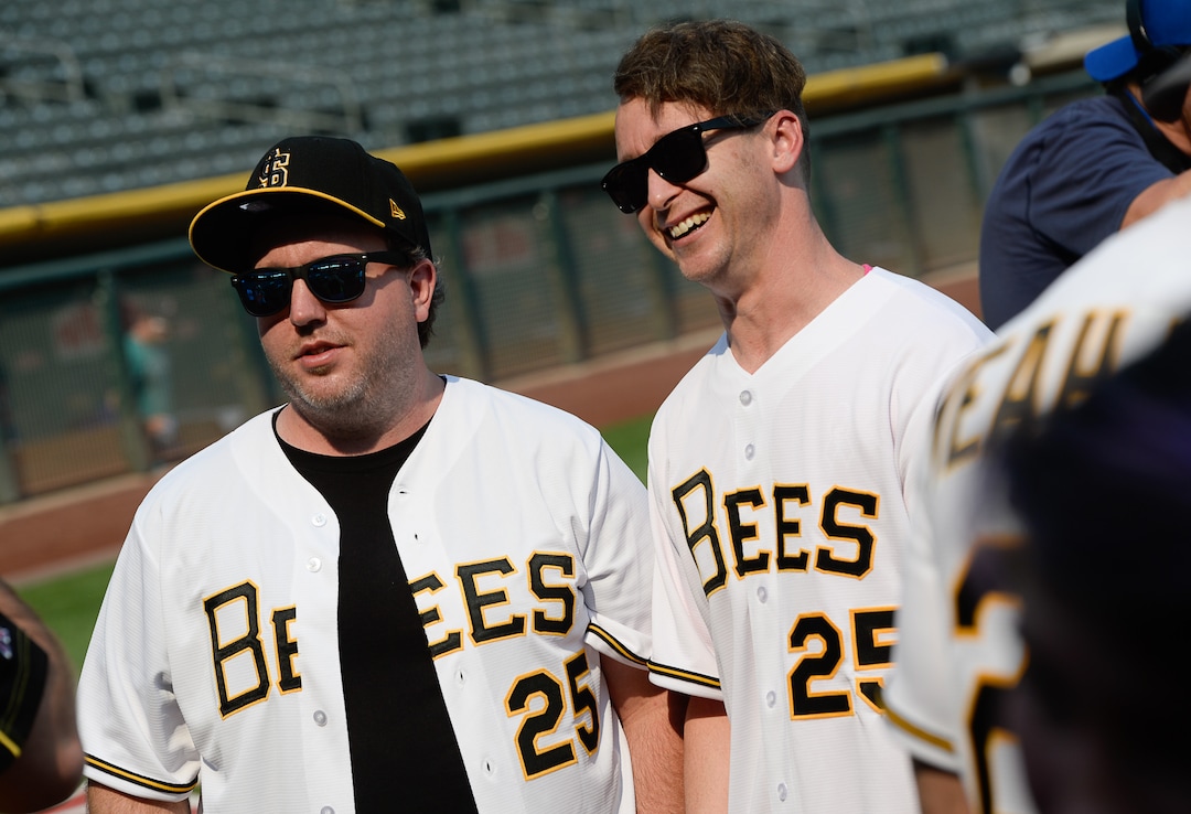(Francisco Kjolseth  |  The Salt Lake Tribune)  Members of the cast from the movie "The Sandlot," including Tommy (Shane Obedzinski), left, and Timmy (Victor DiMattia), reunite as the Salt Lake Bees celebrate the 25th anniversary of the Utah-filmed movie at the Smith's Ballpark on Friday, Aug. 10, 2018.