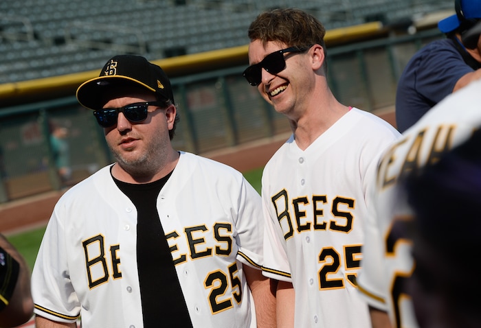 (Francisco Kjolseth  |  The Salt Lake Tribune)  Members of the cast from the movie "The Sandlot," including Tommy (Shane Obedzinski), left, and Timmy (Victor DiMattia), reunite as the Salt Lake Bees celebrate the 25th anniversary of the Utah-filmed movie at the Smith's Ballpark on Friday, Aug. 10, 2018.