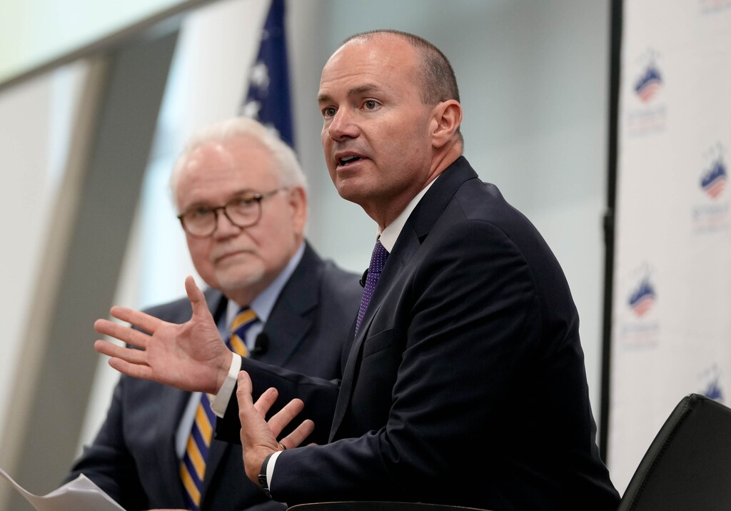 (Francisco Kjolseth | The Salt Lake Tribune) Utah Sen. Mike Lee, right, joins Rick Larsen, President and CEO of the Sutherland Institute during a speaking engagement at the conservative public policy think tank on the University of Utah campus on Tuesday, Aug. 22, 2023.