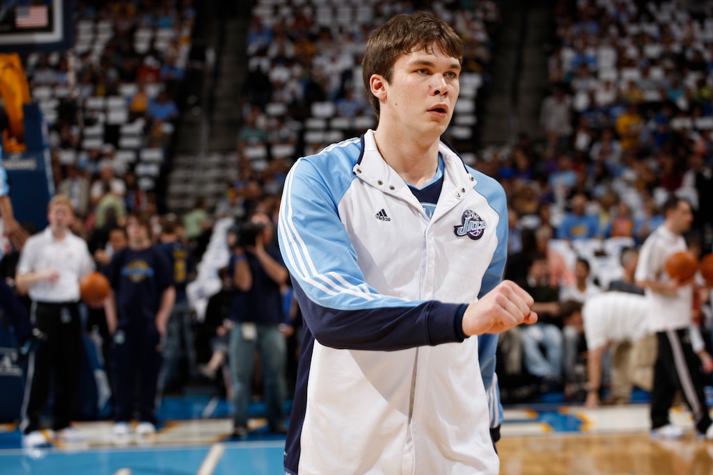 (David Zalubowski | AP) Former Utah Jazz center Kyrylo Fesenko, of Ukraine, warms up before facing the Denver Nuggets in the first quarter of Game 6 of the teams' first-round Western Conference playoff series on Wednesday, April 28, 2010, in Denver. As the Russian attacks on his home country continue, Fesenko's concerns for his family's safety have grown.