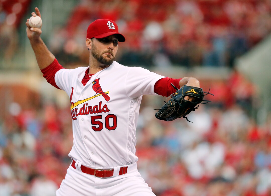 St. Louis Cardinals starting pitcher Adam Wainwright throws during the first inning of the team's baseball game against the Atlanta Braves on Friday, Aug. 11, 2017, in St. Louis. (AP Photo/Jeff Roberson)