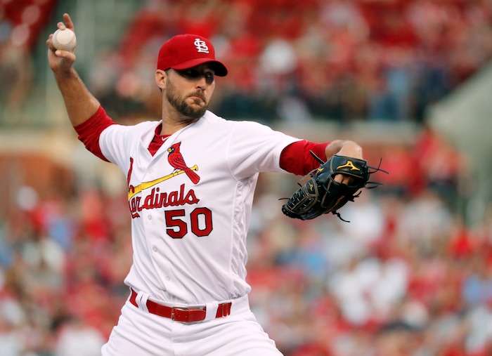 St. Louis Cardinals starting pitcher Adam Wainwright throws during the first inning of the team's baseball game against the Atlanta Braves on Friday, Aug. 11, 2017, in St. Louis. (AP Photo/Jeff Roberson)