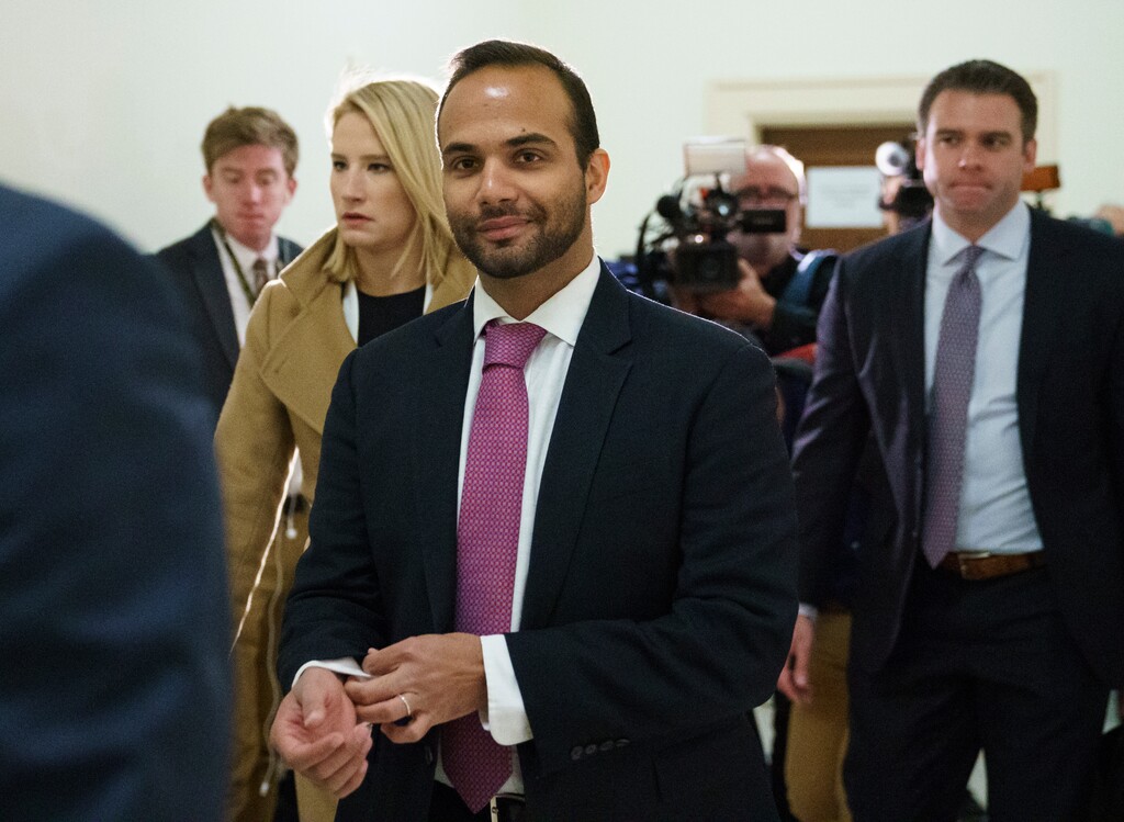 (Carolyn Kaster | AP file photo) In this Oct. 25, 2018, file photo, George Papadopoulos, the former Trump campaign adviser who triggered the Russia investigation, arrives for his first appearance before congressional investigators, on Capitol Hill in Washington. A judge has rejected an effort by former Trump campaign foreign policy adviser Papadopoulos to delay his two-week prison term and says Papadopoulos must surrender Monday, Nov. 26, as scheduled.