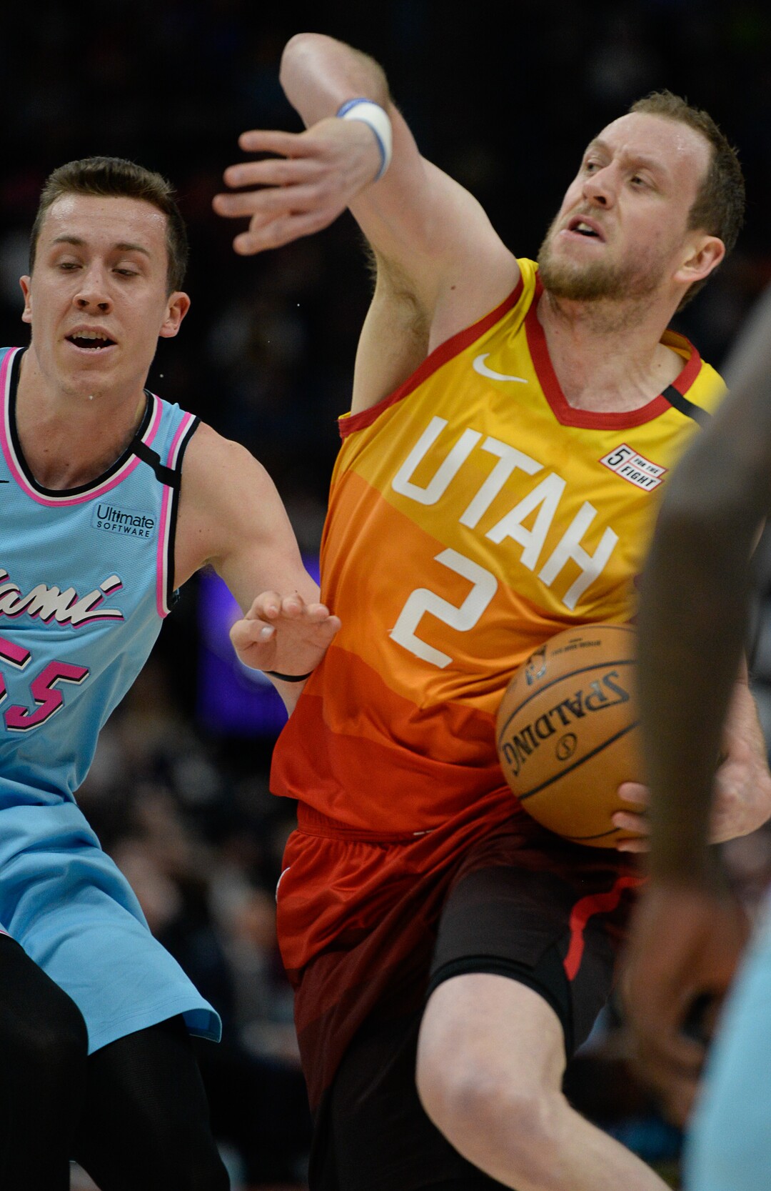 (Francisco Kjolseth  |  The Salt Lake Tribune) Utah Jazz guard Joe Ingles (2) pushes past Miami Heat guard Duncan Robinson (55) as the Utah Jazz host the Miami Heat in their NBA basketball game at Vivint Smart Home Arena in Salt Lake City on Wednesday, Feb. 12, 2020.