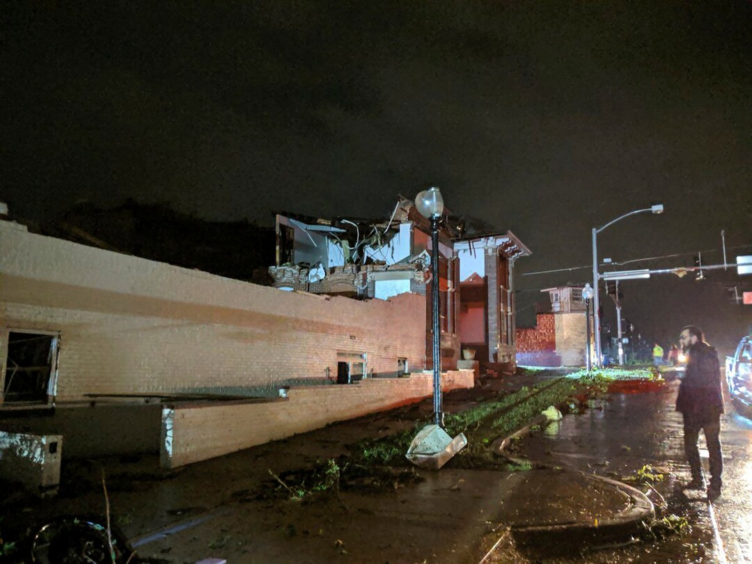 (Photo courtesy of Stechshultsy via AP) This image posted on Twitter account of Stechshultsy shows tornado-hit Jefferson City. MO., Thursday, May 23, 2019. The National Weather Service has confirmed a large and destructive tornado has touched down in Missouri's state capital, causing heavy damage and trapping multiple people in the wreckage of their homes.