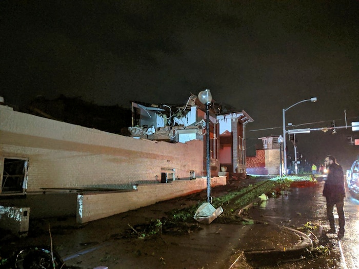 (Photo courtesy of Stechshultsy via AP) This image posted on Twitter account of Stechshultsy shows tornado-hit Jefferson City. MO., Thursday, May 23, 2019. The National Weather Service has confirmed a large and destructive tornado has touched down in Missouri's state capital, causing heavy damage and trapping multiple people in the wreckage of their homes.