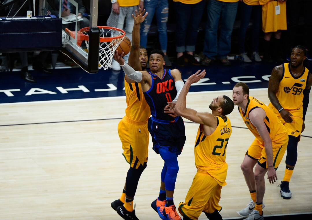 (Scott Sommerdorf | The Salt Lake Tribune)Oklahoma City Thunder guard Russell Westbrook (0) drives to the hoops to score during second half play. The Utah Jazz defeated the Oklahoma City Thunder 96-91 to win the first round playoff series, Friday, April 27, 2018.