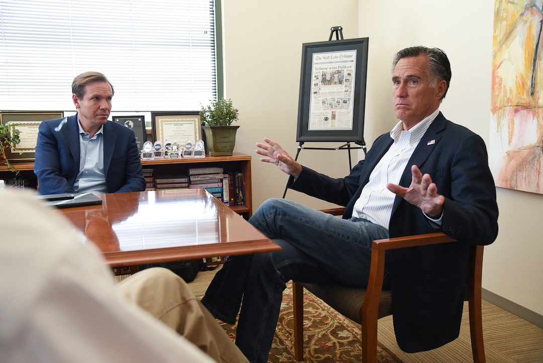 (Francisco Kjolseth | The Salt Lake Tribune) Sen. Mitt Romney speaks with the editorial board of The Salt Lake Tribune on Wed. Aug. 21, 2019.
