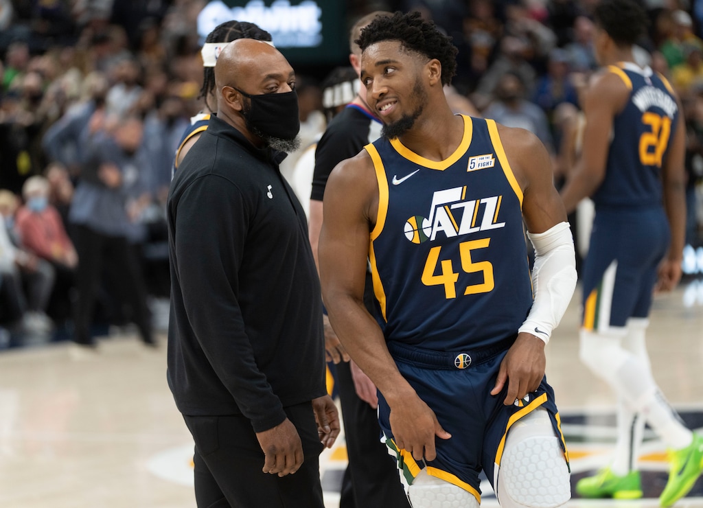 (Rick Egan | The Salt Lake Tribune) Utah Jazz guard Donovan Mitchell (45) smiles as he leaves the court after being ejected for being involved in a as he leaves the court after being ejected from the game, for being involved in the scuffle between Indiana center Miles Turner and  Jazz center Rudy Gobert, resulting in 4 ejections, in the 4th quarter, in NBA action between Utah Jazz and Indiana Pacers at Vivint Arena, on Thursday, Nov. 11, 2021.