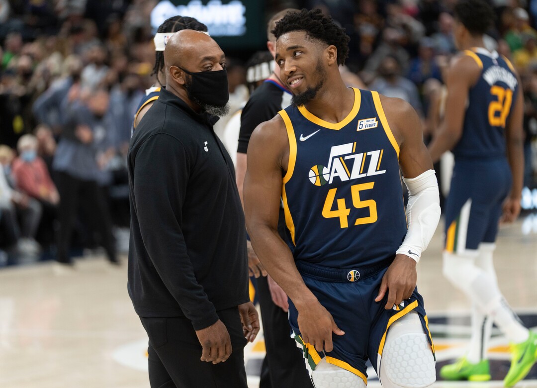 (Rick Egan | The Salt Lake Tribune) Utah Jazz guard Donovan Mitchell (45) smiles as he leaves the court after being ejected for being involved in a as he leaves the court after being ejected from the game, for being involved in the scuffle between Indiana center Miles Turner and  Jazz center Rudy Gobert, resulting in 4 ejections, in the 4th quarter, in NBA action between Utah Jazz and Indiana Pacers at Vivint Arena, on Thursday, Nov. 11, 2021.