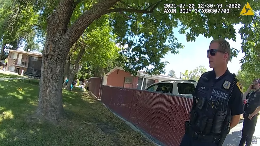 (Salt Lake City Police Department) This screenshot of body camera footage released Wednesday shows Salt Lake City police officers responding to a man who had barricaded himself. They exchanged gunfire, and the man died on July 20, 2021.