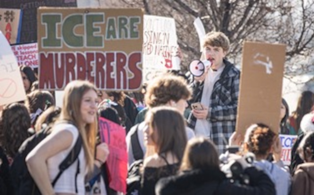 (Rad Thornberry | The City Journal) Bountiful High student John Alley leads a rally Jan. 30, 2026, in front of the school to protest ICE. The kids walked out of their third period class to stage the demonstration.
