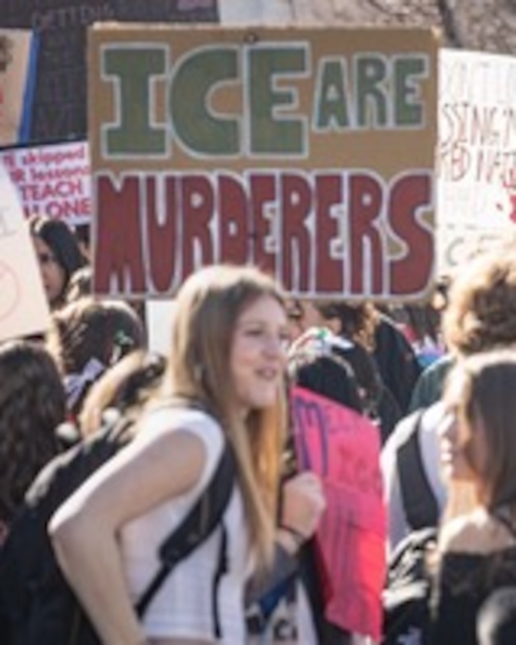 (Rad Thornberry | The City Journal) Bountiful High student John Alley leads a rally Jan. 30, 2026, in front of the school to protest ICE. The kids walked out of their third period class to stage the demonstration.
