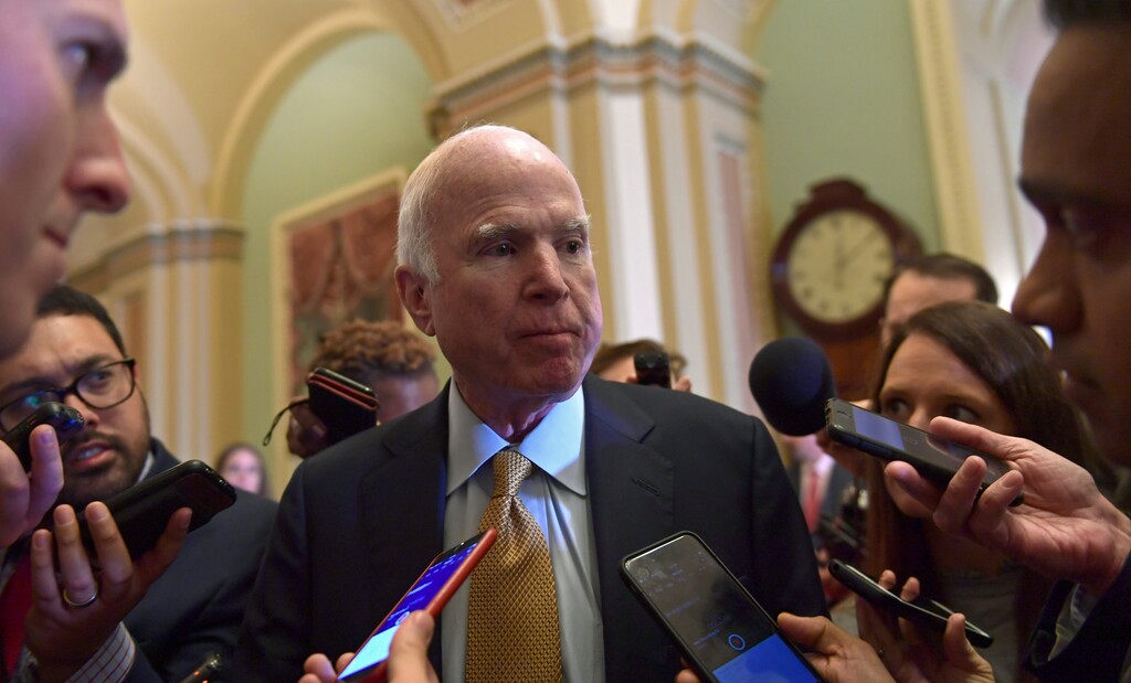 Sen. John McCain, R-Ariz., speaks to reporters following the weekly Republican policy luncheon on Capitol Hill in Washington, Tuesday, Oct. 31, 2017. (AP Photo/Susan Walsh)