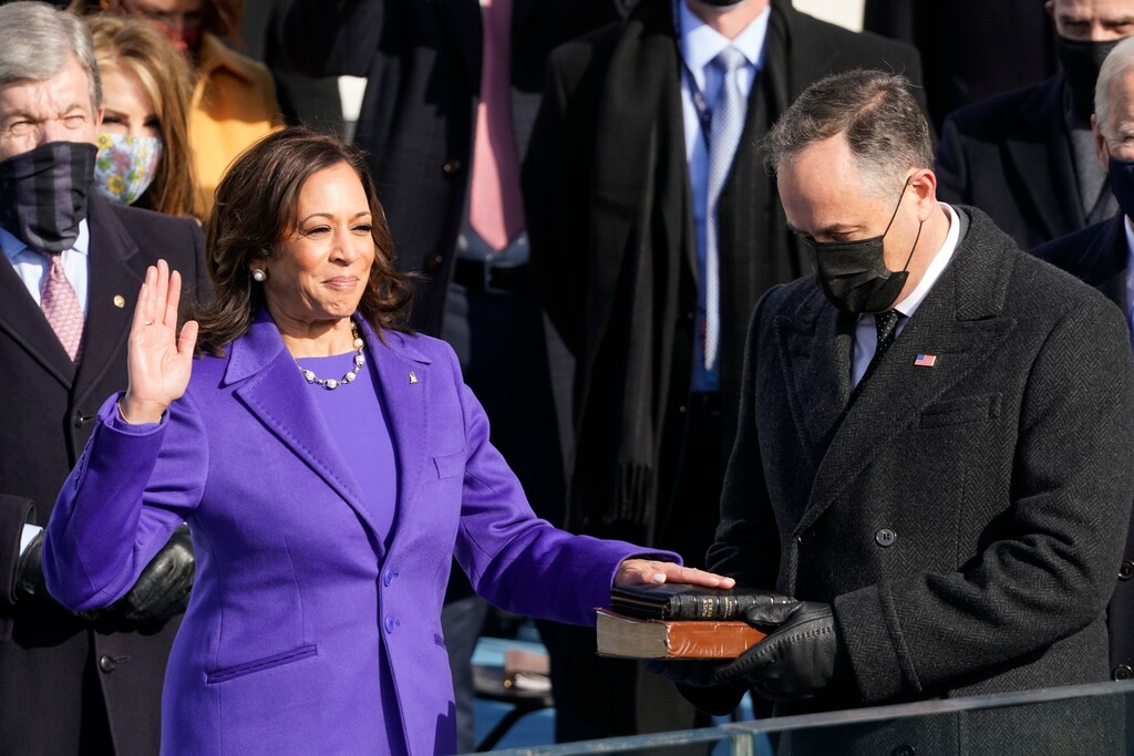 (Andrew Harnik | AP photo)

Kamala Harris is sworn in as vice president by Supreme Court Justice Sonia Sotomayor as her husband Doug Emhoff holds the Bible during the 59th Presidential Inauguration at the U.S. Capitol in Washington, Wednesday, Jan. 20, 2021.